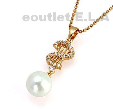37x11mm PEARL n CRYSTAL DOLLAR SIGN NECKLACE 14KRGP
